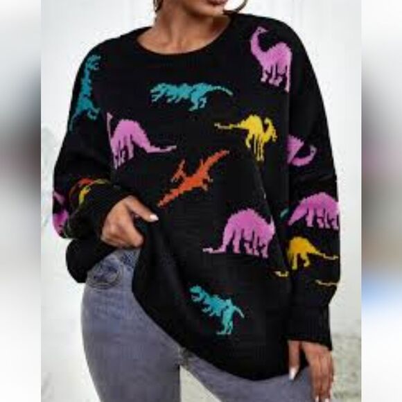 Shein Curve Dinosaur Pattern Drop Shoulder Sweater Black & Multicolored 3XL - Picture 1 of 11